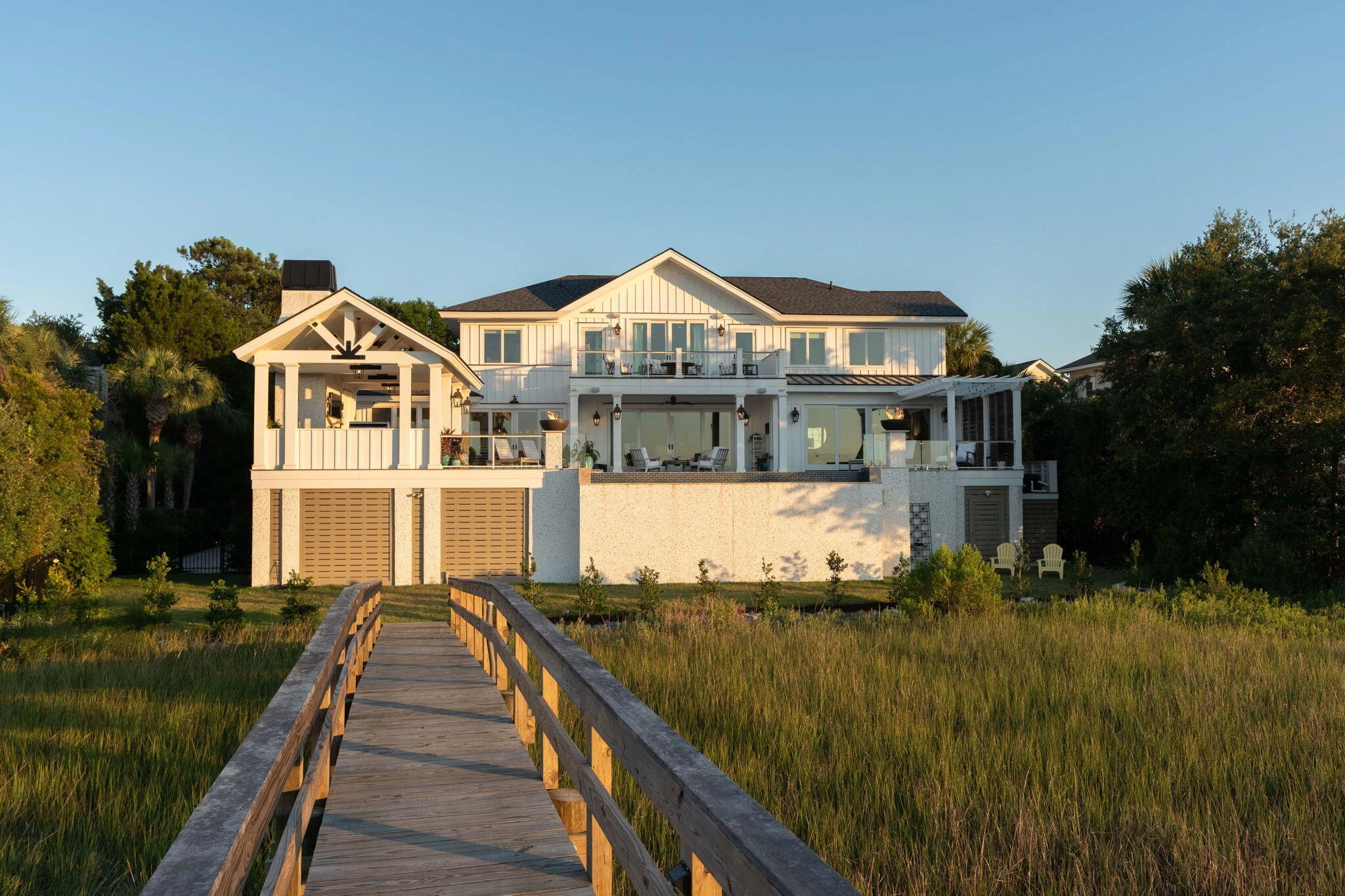 The waterfront residence at 15 Waterway Island Drive, viewed from its private dock